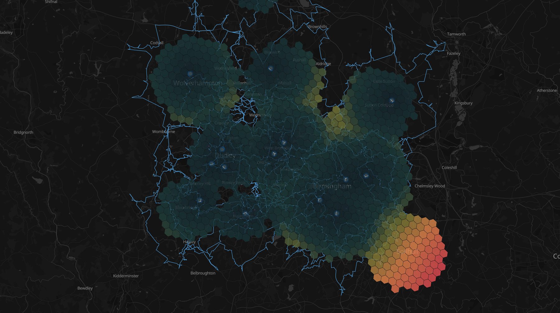 Store drive-time catchment outlines over demand hexbins colored by distance to the nearest store, with an uncovered zone glowing red