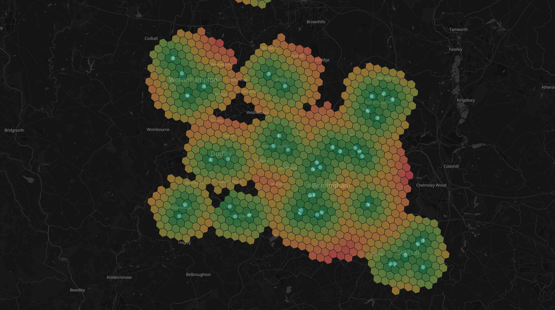 Hexbin map of distance to the nearest GP surgery with surgeries as glowing dots