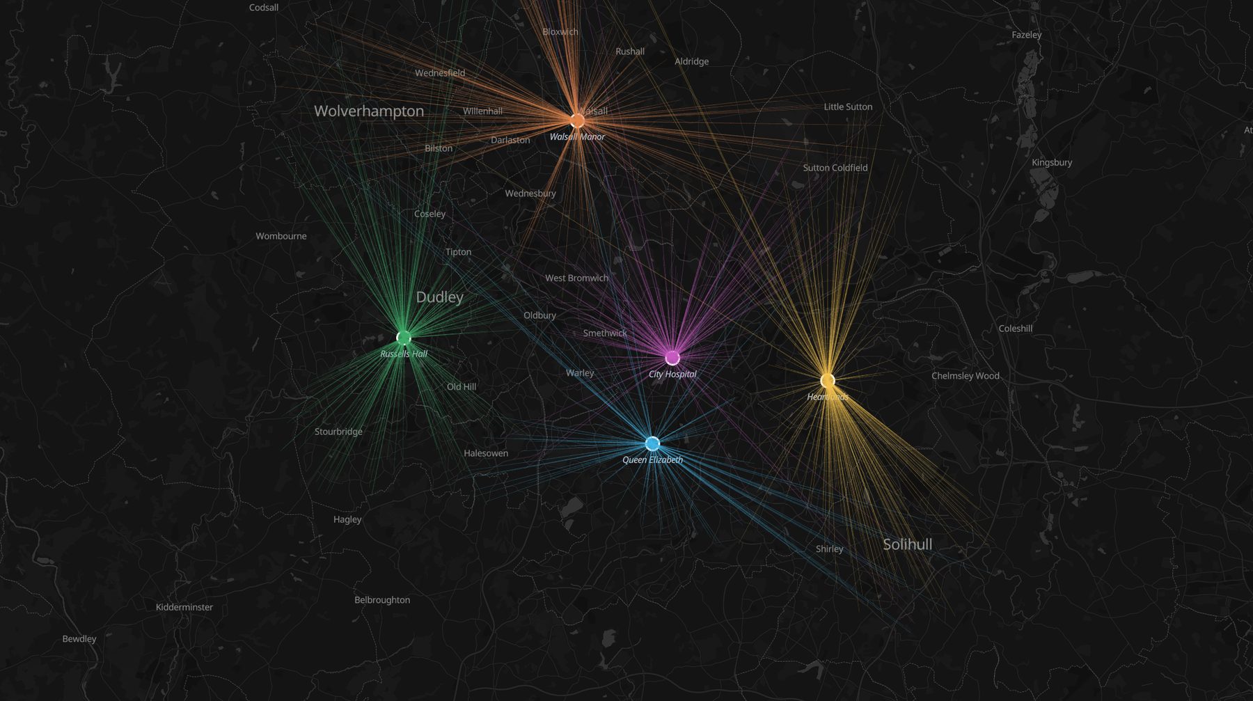 Patient admission flow lines converging on five hospitals, colored by hospital