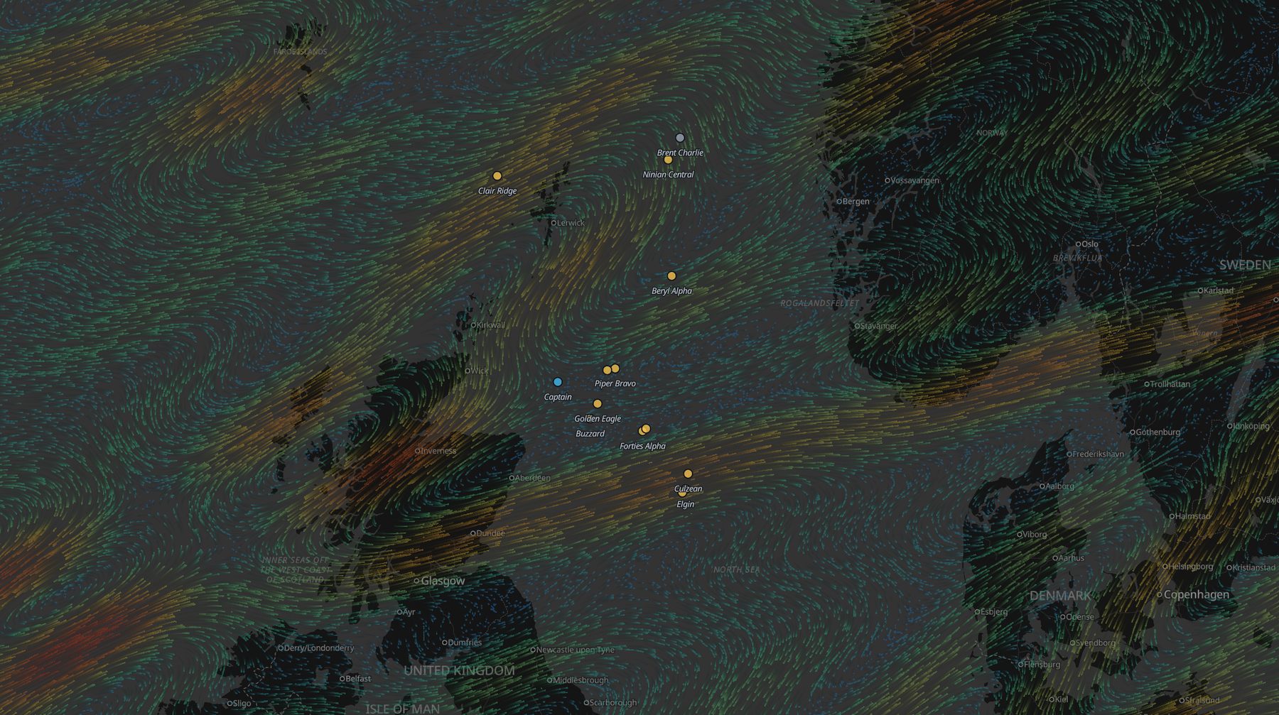 North Sea platforms with labels over live animated wind particles colored by speed