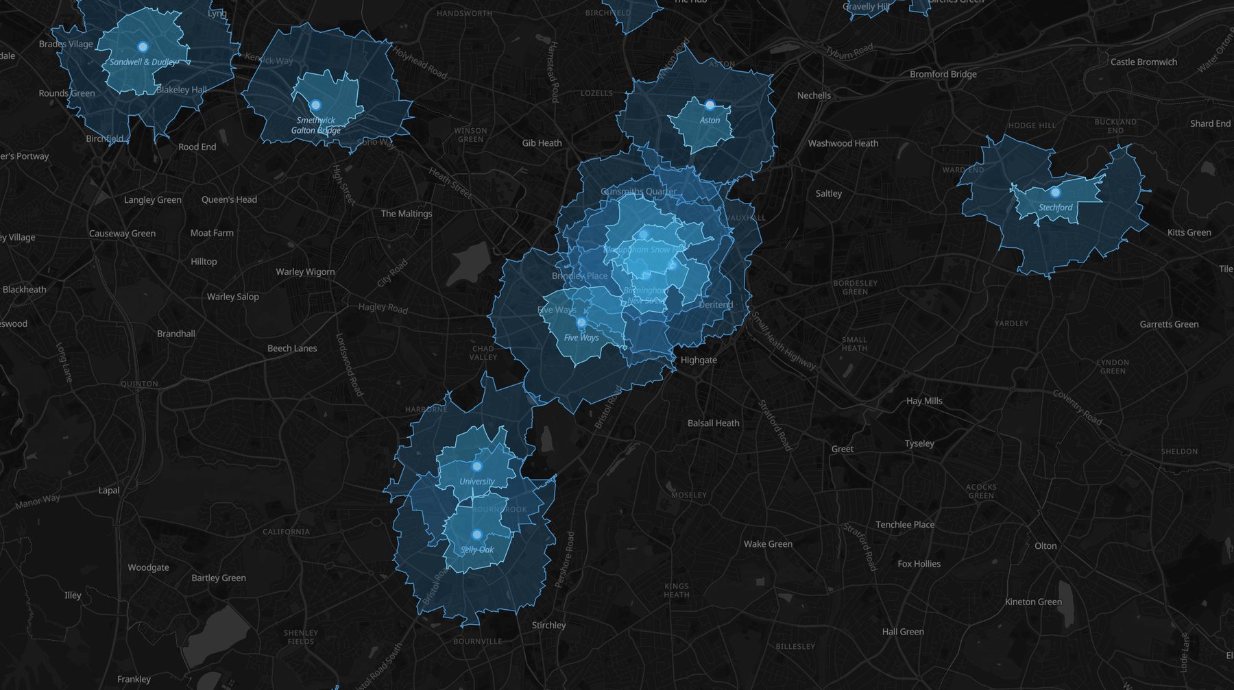 Ten and twenty minute walking catchments around Birmingham stations, hugging the real street network
