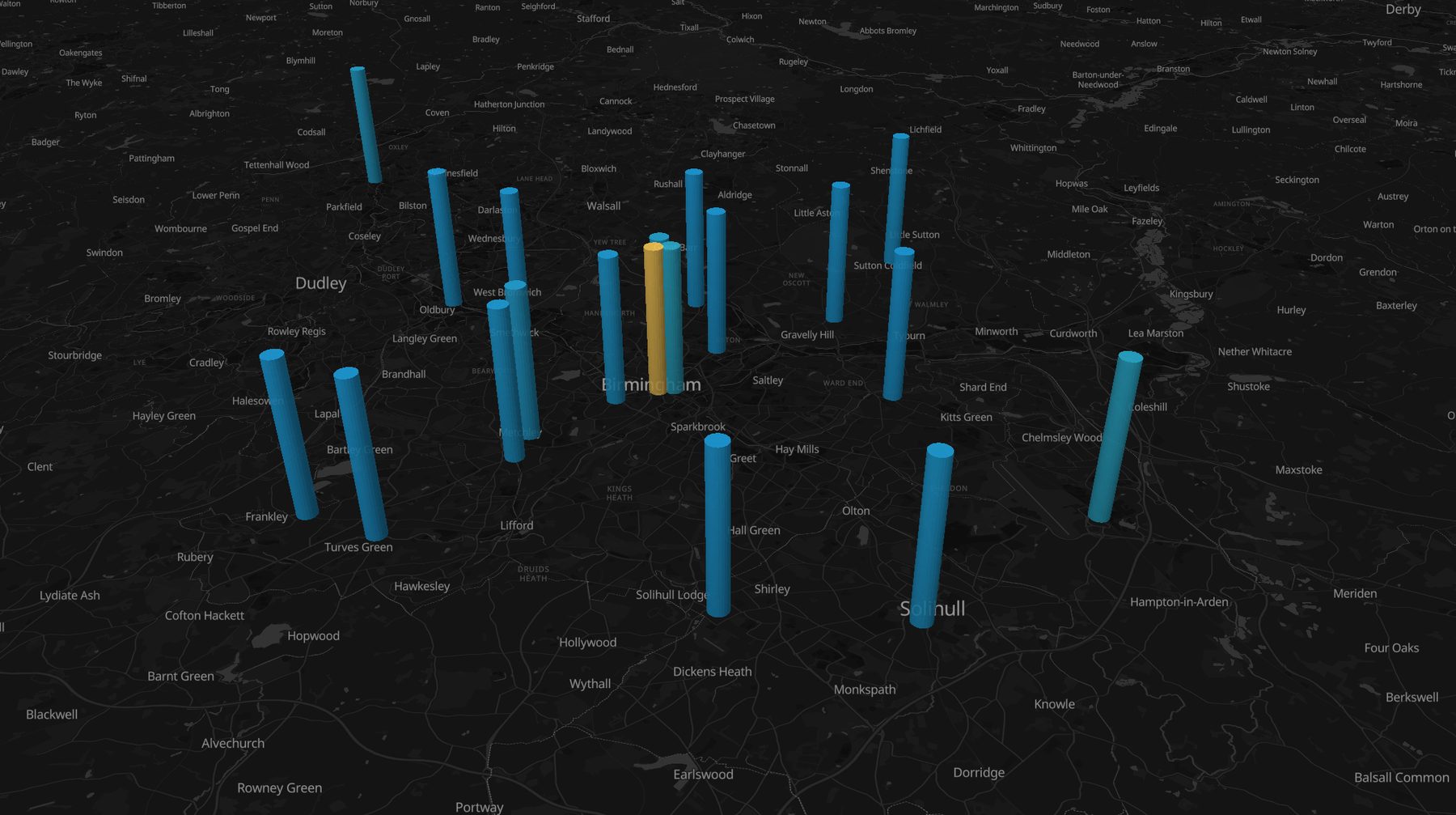 3D columns showing annual station usage across the West Midlands