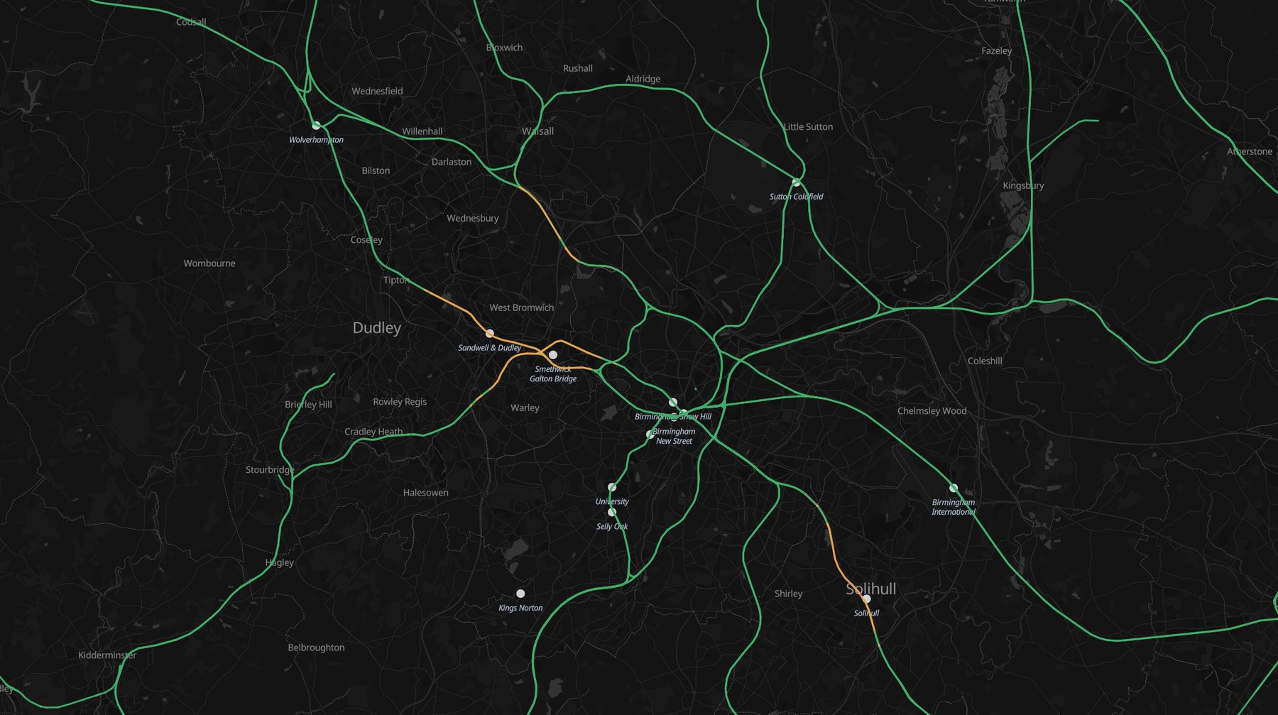 The West Midlands rail network drawn as track segments colored green, amber and red by condition score, with stations overlaid