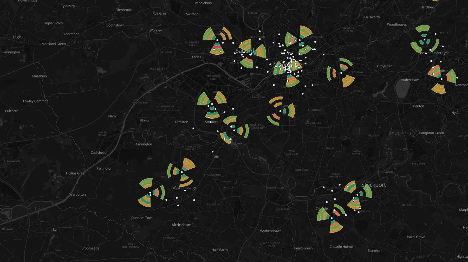 Diagram mode showing constant-size sector diagrams with concentric colored band rings across Greater Manchester
