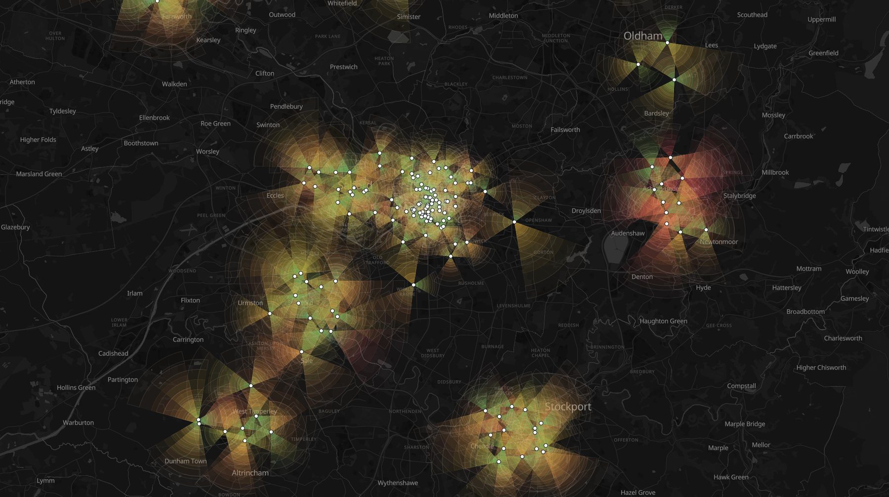 Sector coverage wedges across Greater Manchester colored by downlink throughput, with a degraded cluster showing red near Ashton-under-Lyne